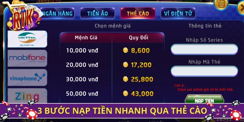 3 bước nạp tiền nhanh qua thẻ cào